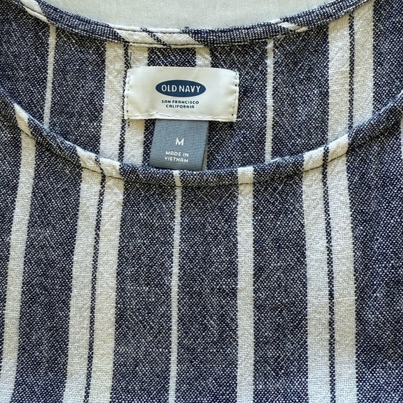 Old Navy Blue White Stripe Linen Blend Mini Dress Cinch Waist Drawstring Tie SzM - Picture 5 of 10